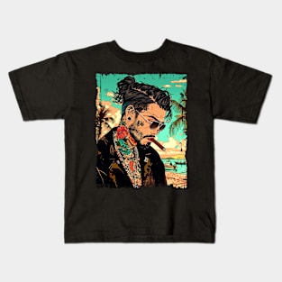 Urban Streetwear Cuban Man on Beach with Cigar Kids T-Shirt